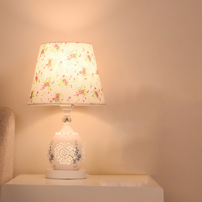 Ceramic Fabric Cylinder Flower Table Lamp