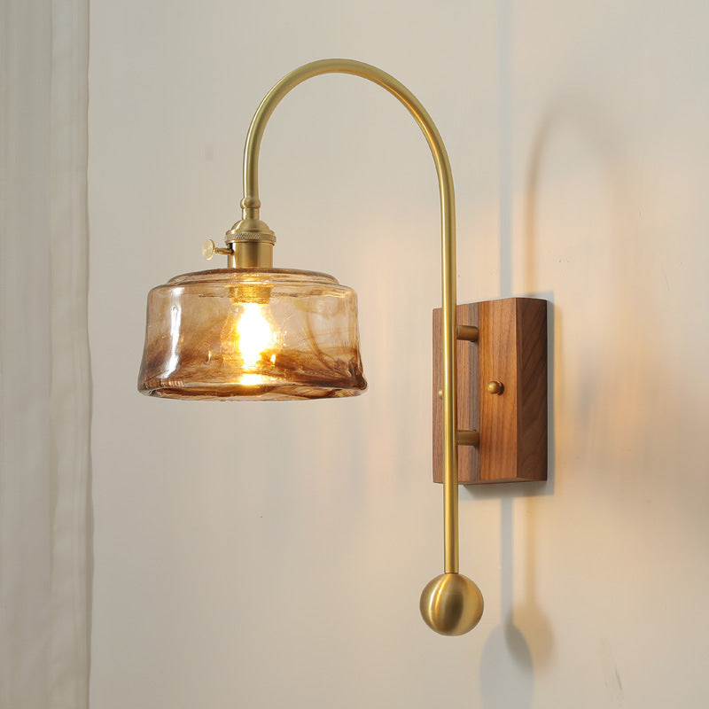 Brass Walnut Glass Round Wall Lamp