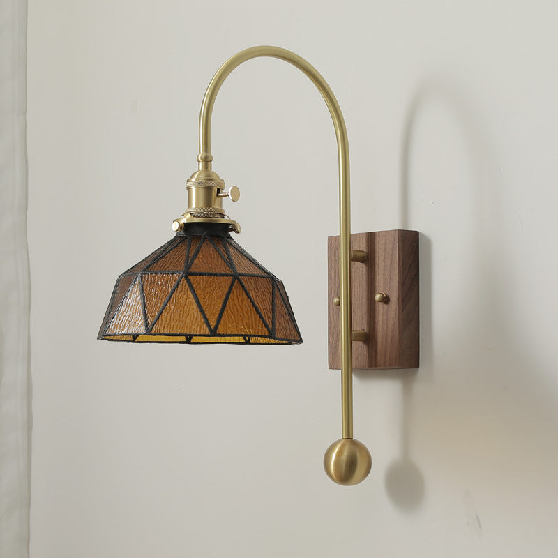 Brass Walnut Glass Round Wall Lamp
