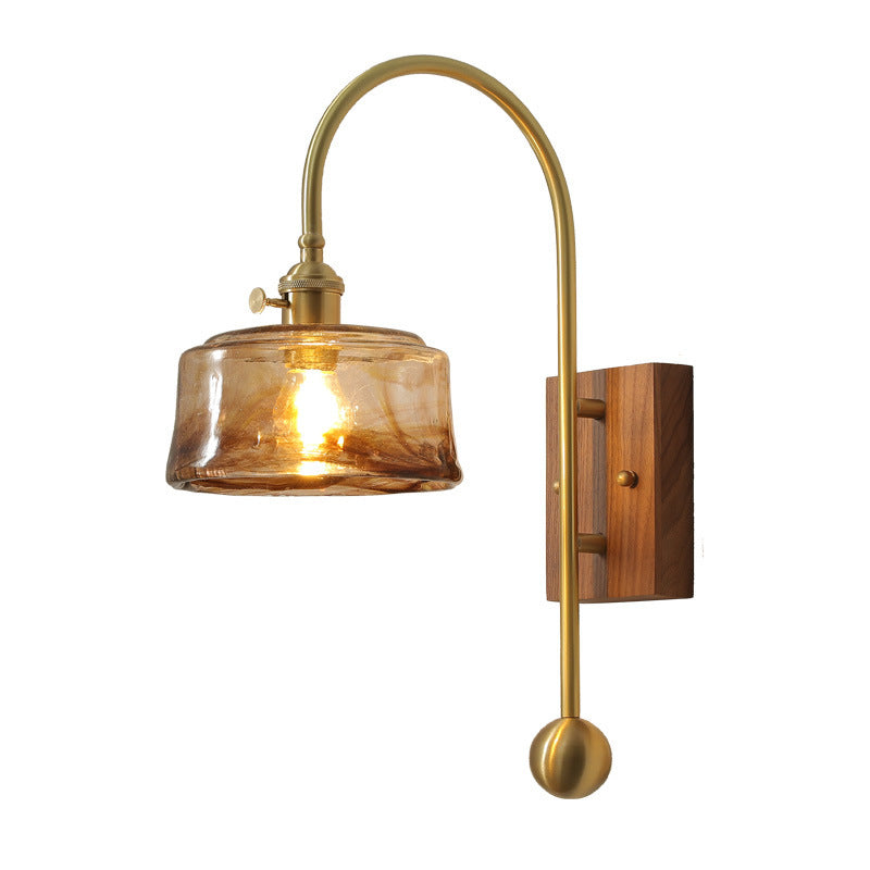 Brass Walnut Glass Round Wall Lamp