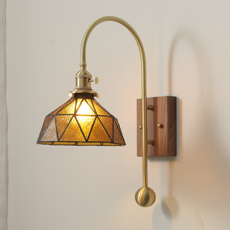 Brass Walnut Glass Round Wall Lamp