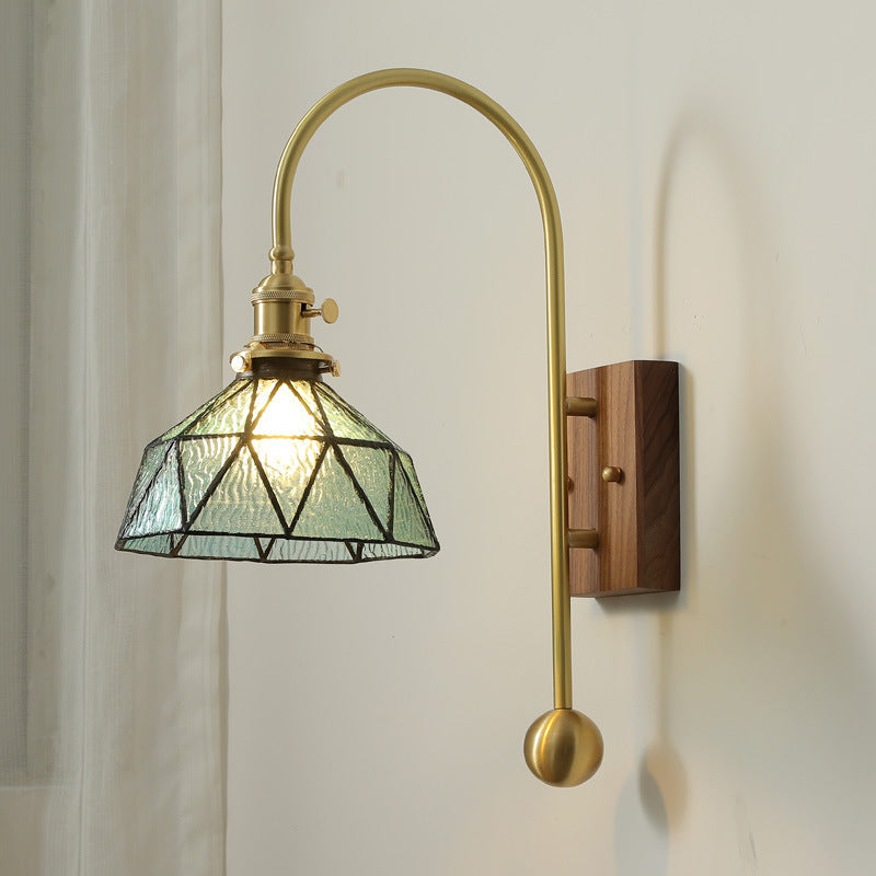 Brass Walnut Glass Round Wall Lamp