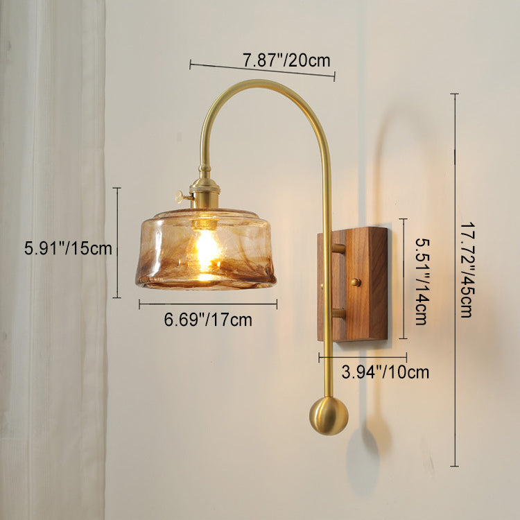 Brass Walnut Glass Round Wall Lamp