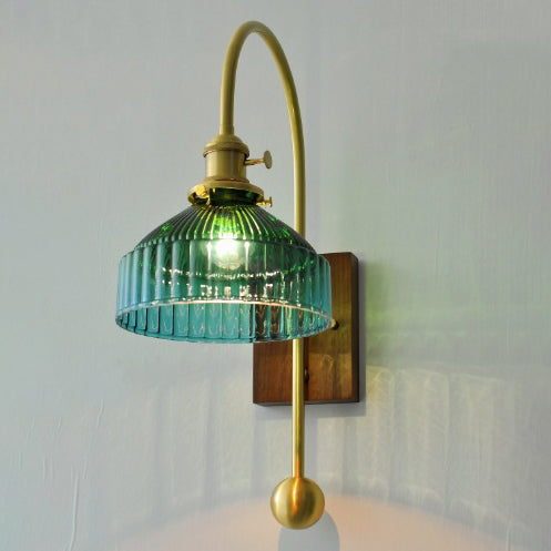 Brass Walnut Glass Round Wall Lamp