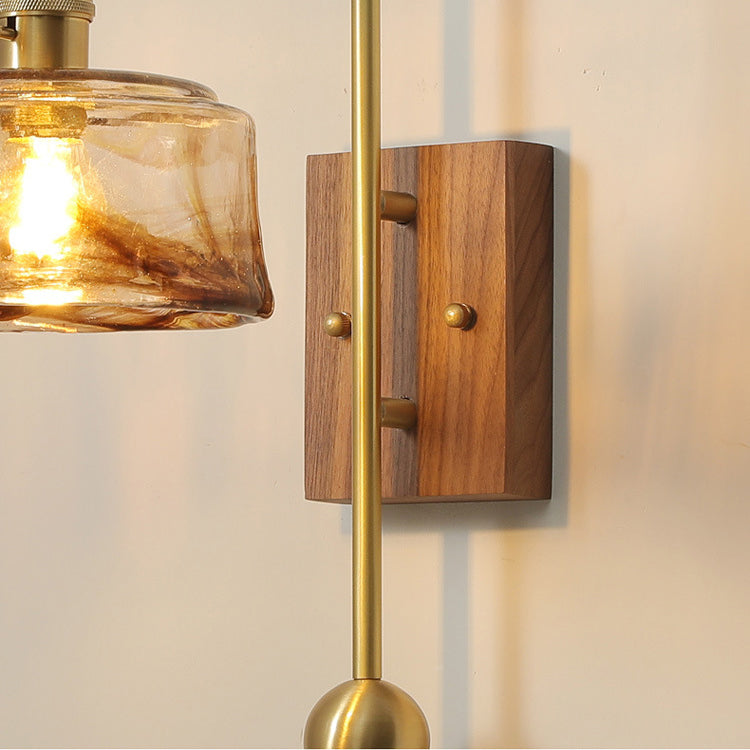 Brass Walnut Glass Round Wall Lamp