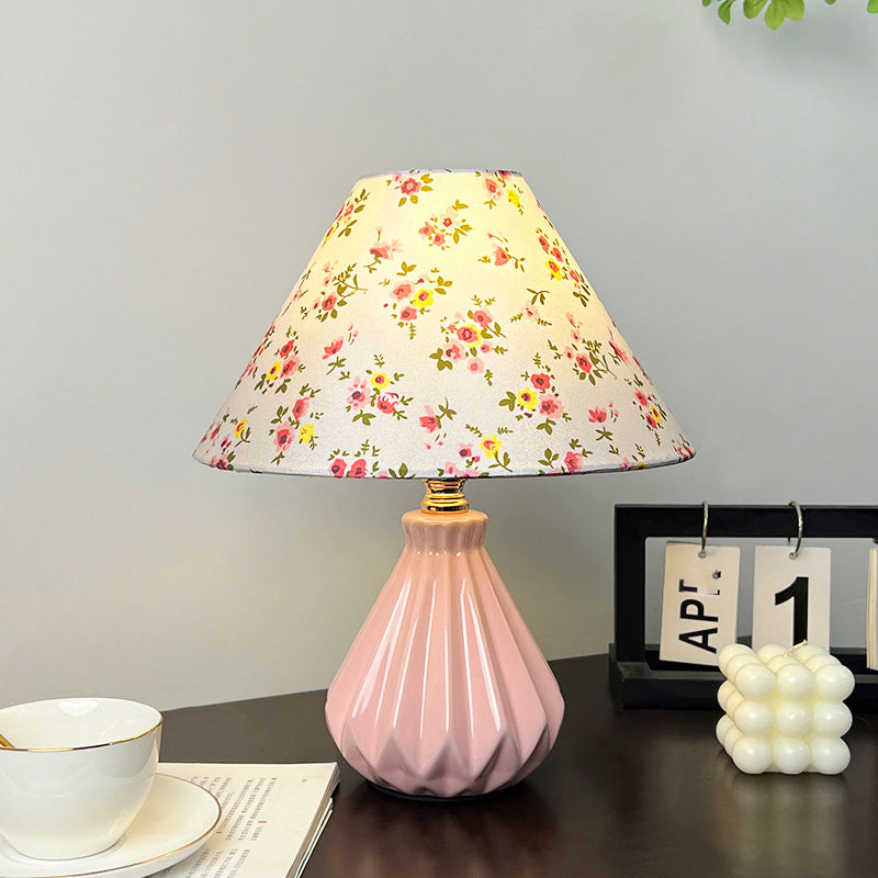 Fabric Ceramic Flower Conic Table Lamp