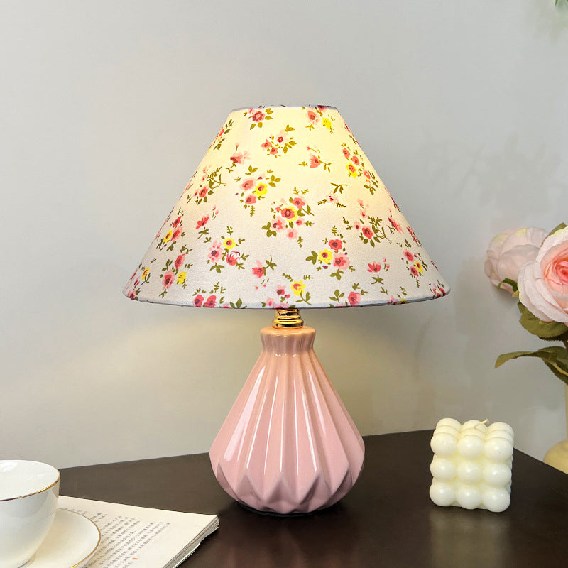 Fabric Ceramic Flower Conic Table Lamp