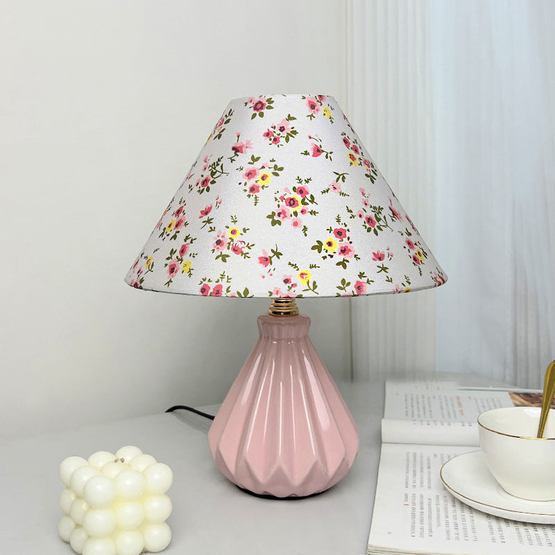 Fabric Ceramic Flower Conic Table Lamp