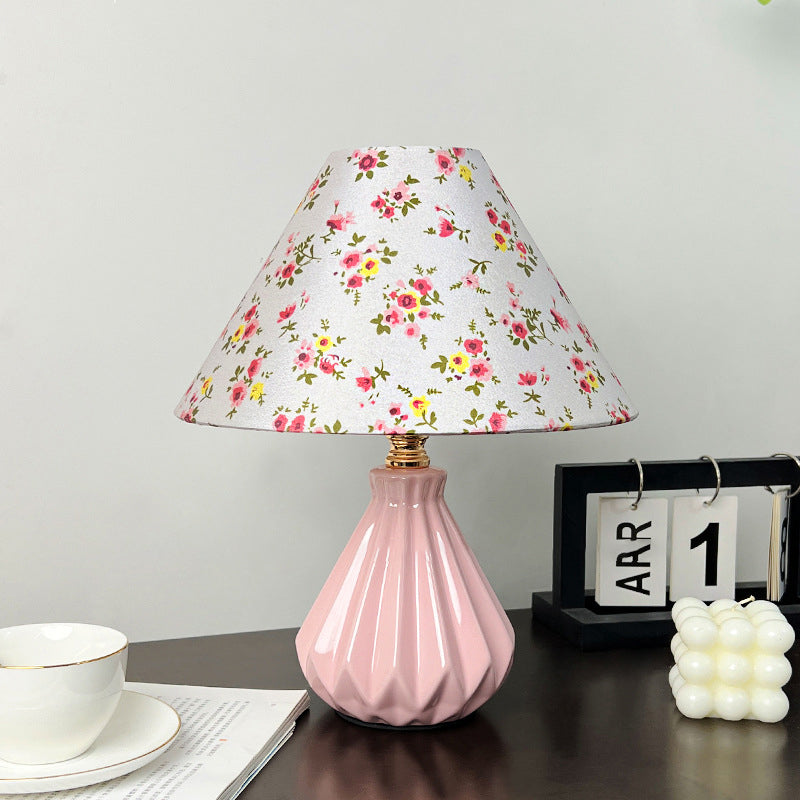 Fabric Ceramic Flower Conic Table Lamp