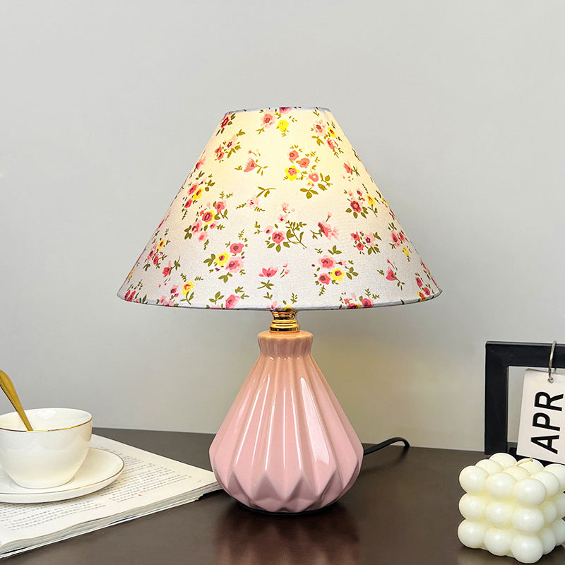 Fabric Ceramic Flower Conic Table Lamp