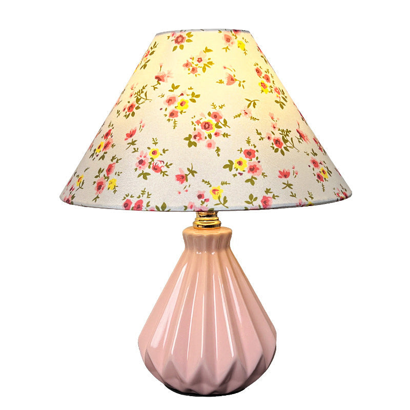 Fabric Ceramic Flower Conic Table Lamp
