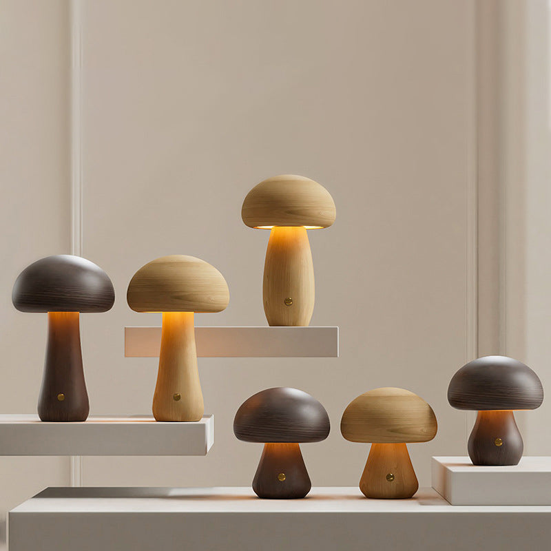 Rechargeable Solid Wood Mushroom Table Lamp