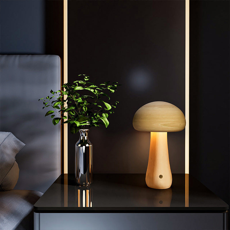 Rechargeable Solid Wood Mushroom Table Lamp