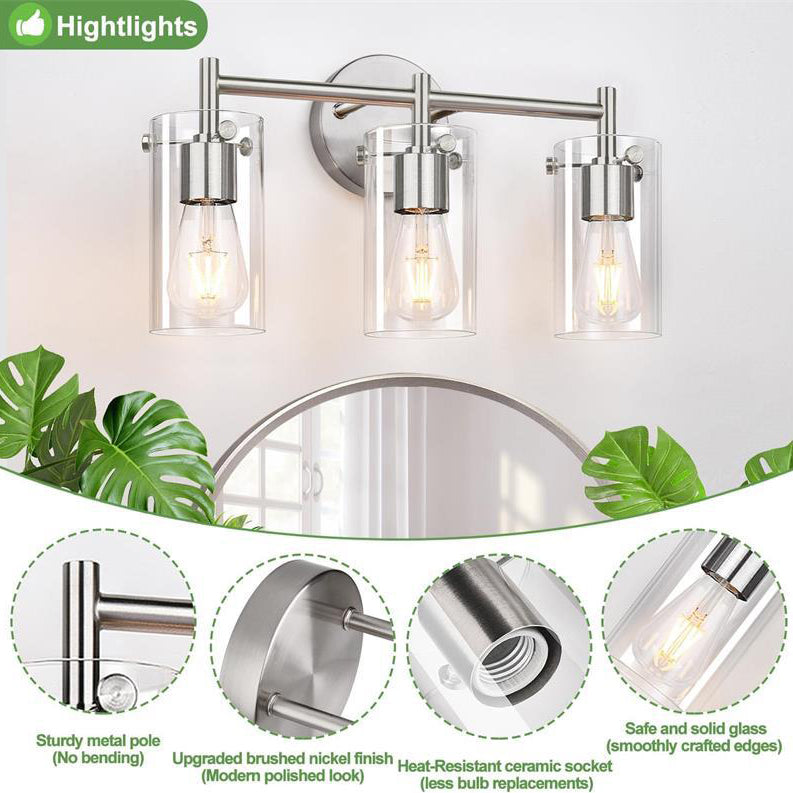 Metal Glass Cylinder Vanity 3-Light Wall Lamp