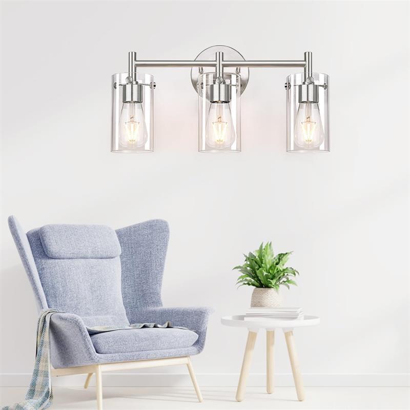 Metal Glass Cylinder Vanity 3-Light Wall Lamp