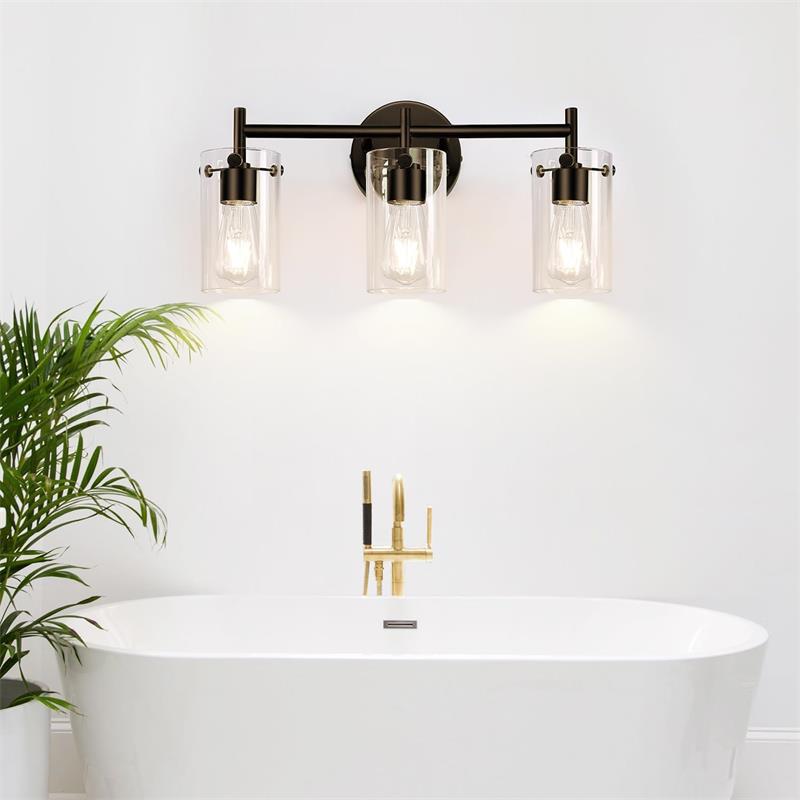 Metal Glass Cylinder Vanity 3-Light Wall Lamp