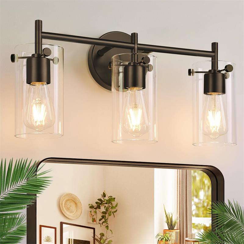 Metal Glass Cylinder Vanity 3-Light Wall Lamp