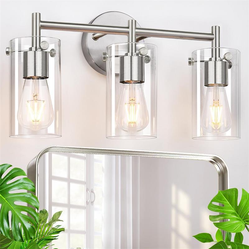 Metal Glass Cylinder Vanity 3-Light Wall Lamp