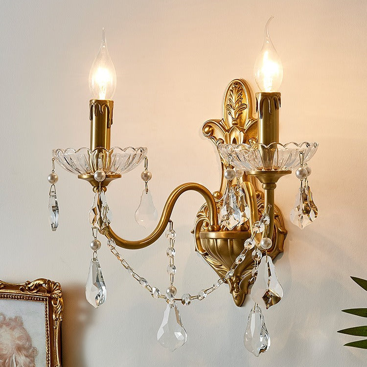 Brass Crystal Glass Candlestick Wall Lamp
