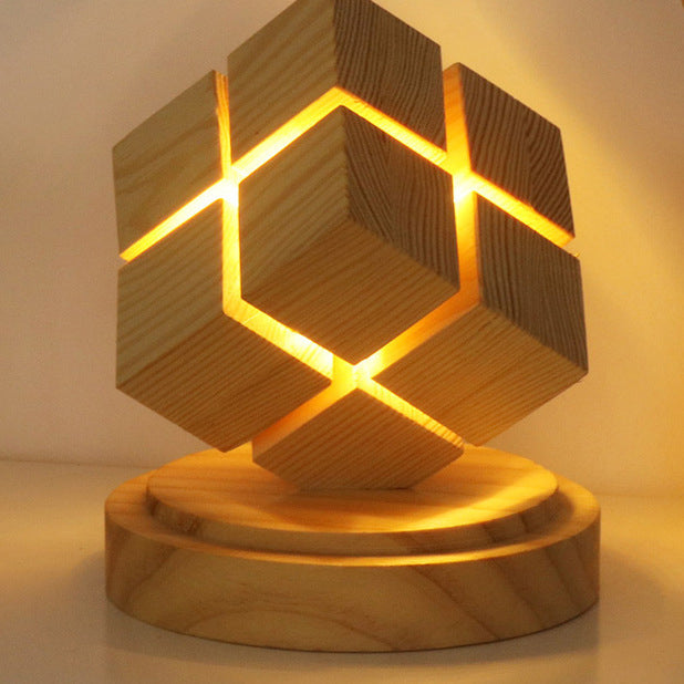 Battery Wood Magic Cube Table Lamp