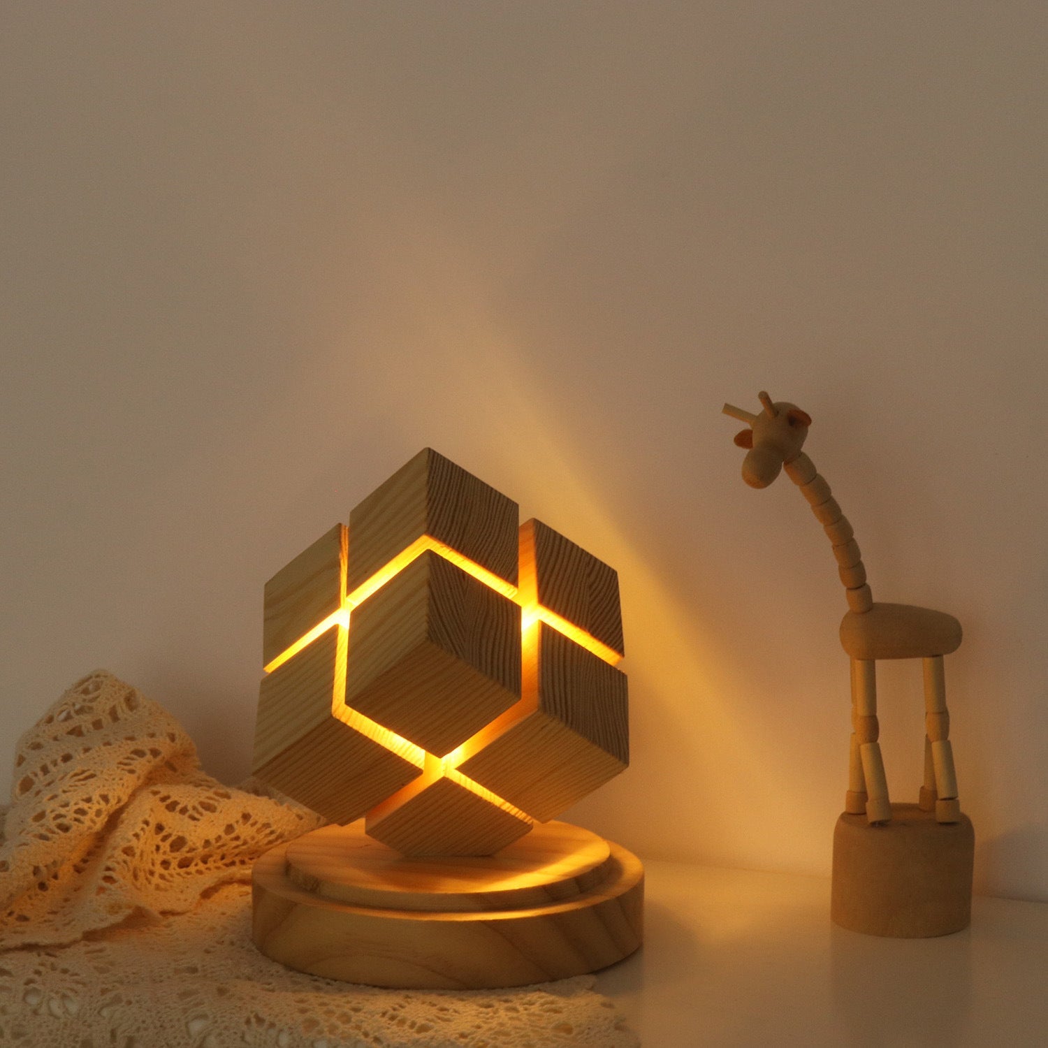 Battery Wood Magic Cube Table Lamp