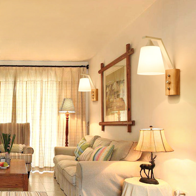 Wood Iron Glass Bell Wall Lamp
