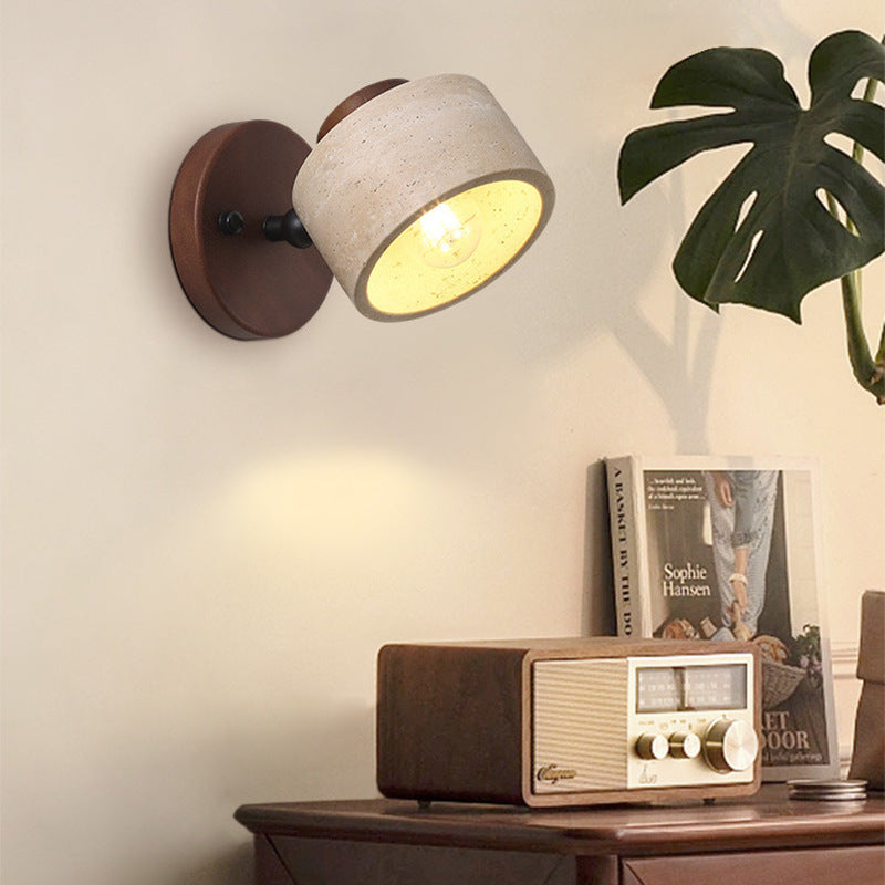 Round Travertine Wood Rotatable Wall Lamp