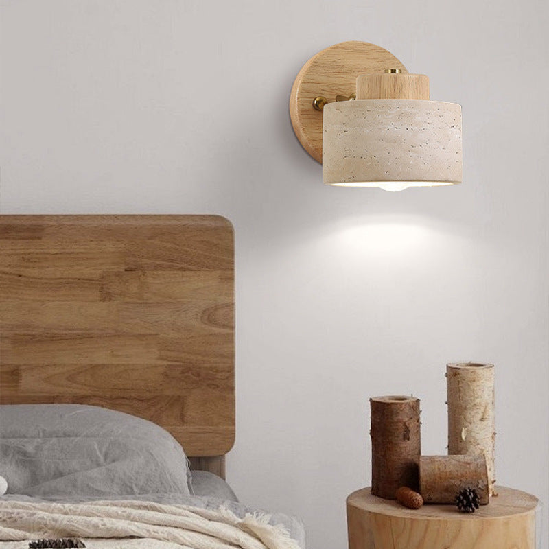 Round Travertine Wood Rotatable Wall Lamp