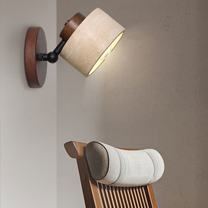 Round Travertine Wood Rotatable Wall Lamp