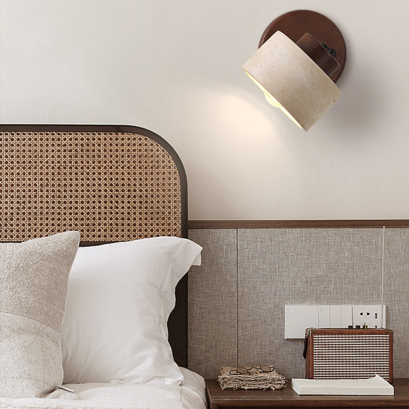 Round Travertine Wood Rotatable Wall Lamp