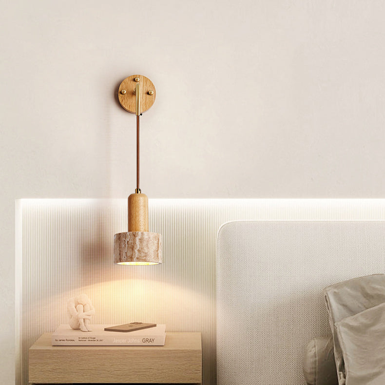 Travertine Wood Cylinder Conic Wall Lamp