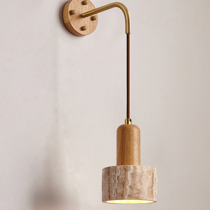 Travertine Wood Cylinder Conic Wall Lamp
