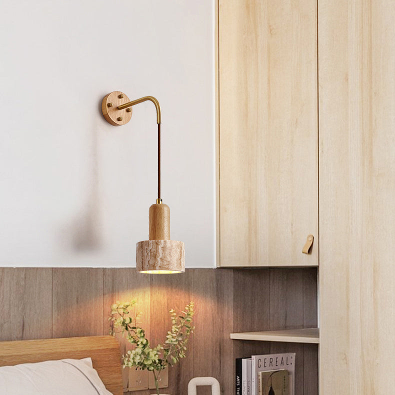 Travertine Wood Cylinder Conic Wall Lamp
