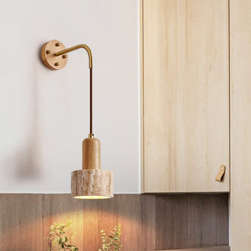 Travertine Wood Cylinder Conic Wall Lamp