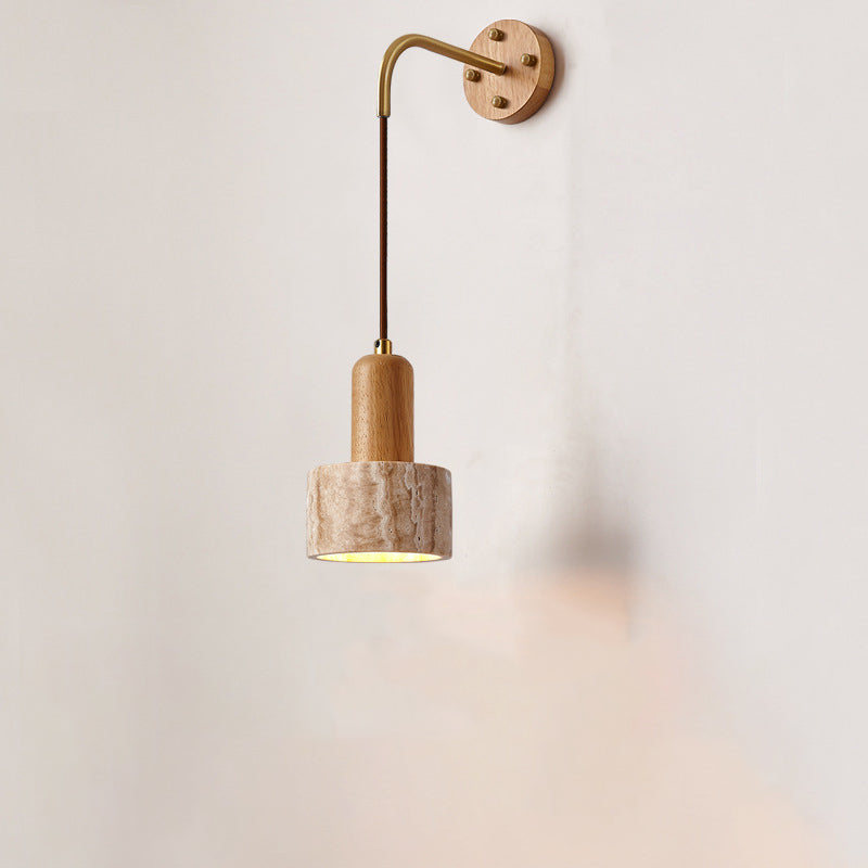 Travertine Wood Cylinder Conic Wall Lamp