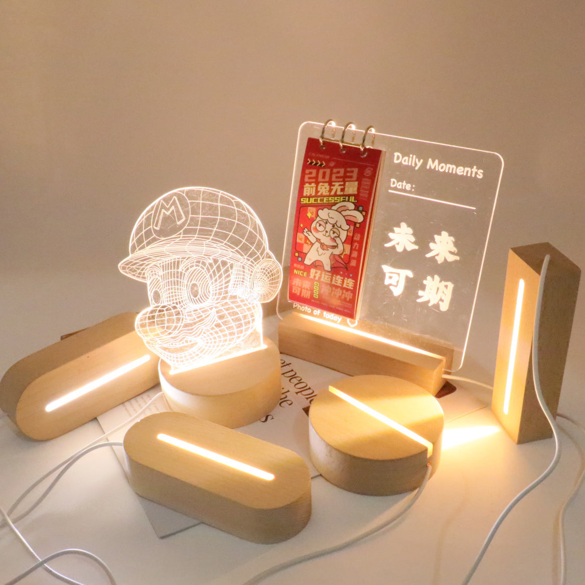 Rechargeable Solid Wood Round Table Lamp