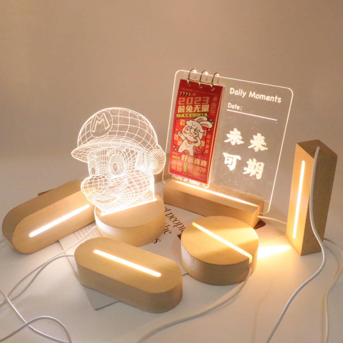 Rechargeable Solid Wood Round Table Lamp
