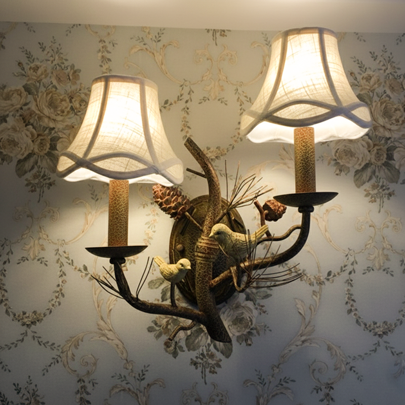 Fabric Bird Pinecone Resin Wall Lamp