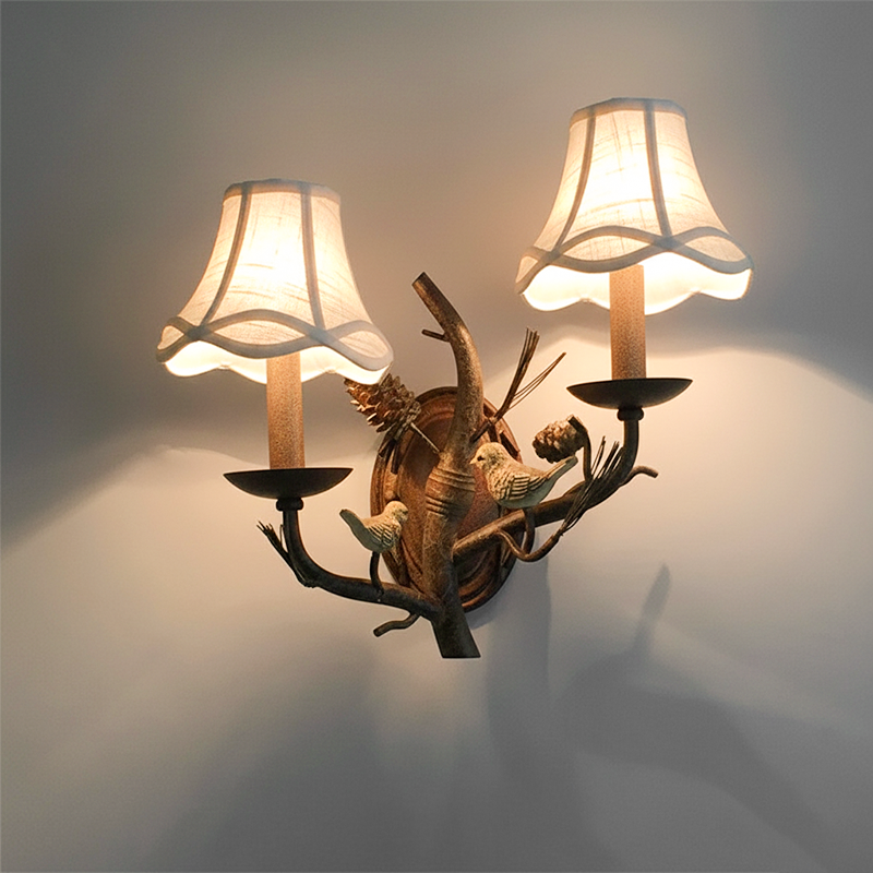 Fabric Bird Pinecone Resin Wall Lamp