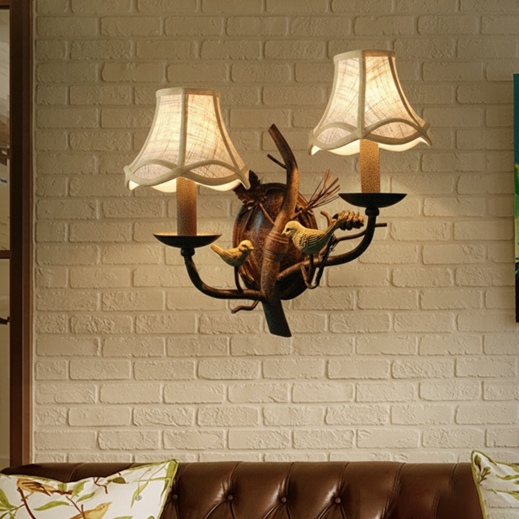 Fabric Bird Pinecone Resin Wall Lamp