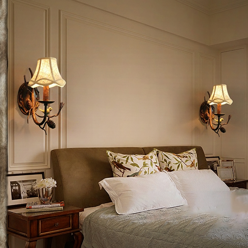 Fabric Bird Pinecone Resin Wall Lamp