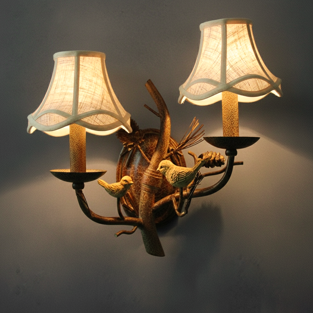 Fabric Bird Pinecone Resin Wall Lamp