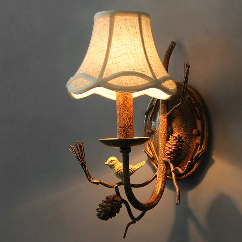 Fabric Bird Pinecone Resin Wall Lamp