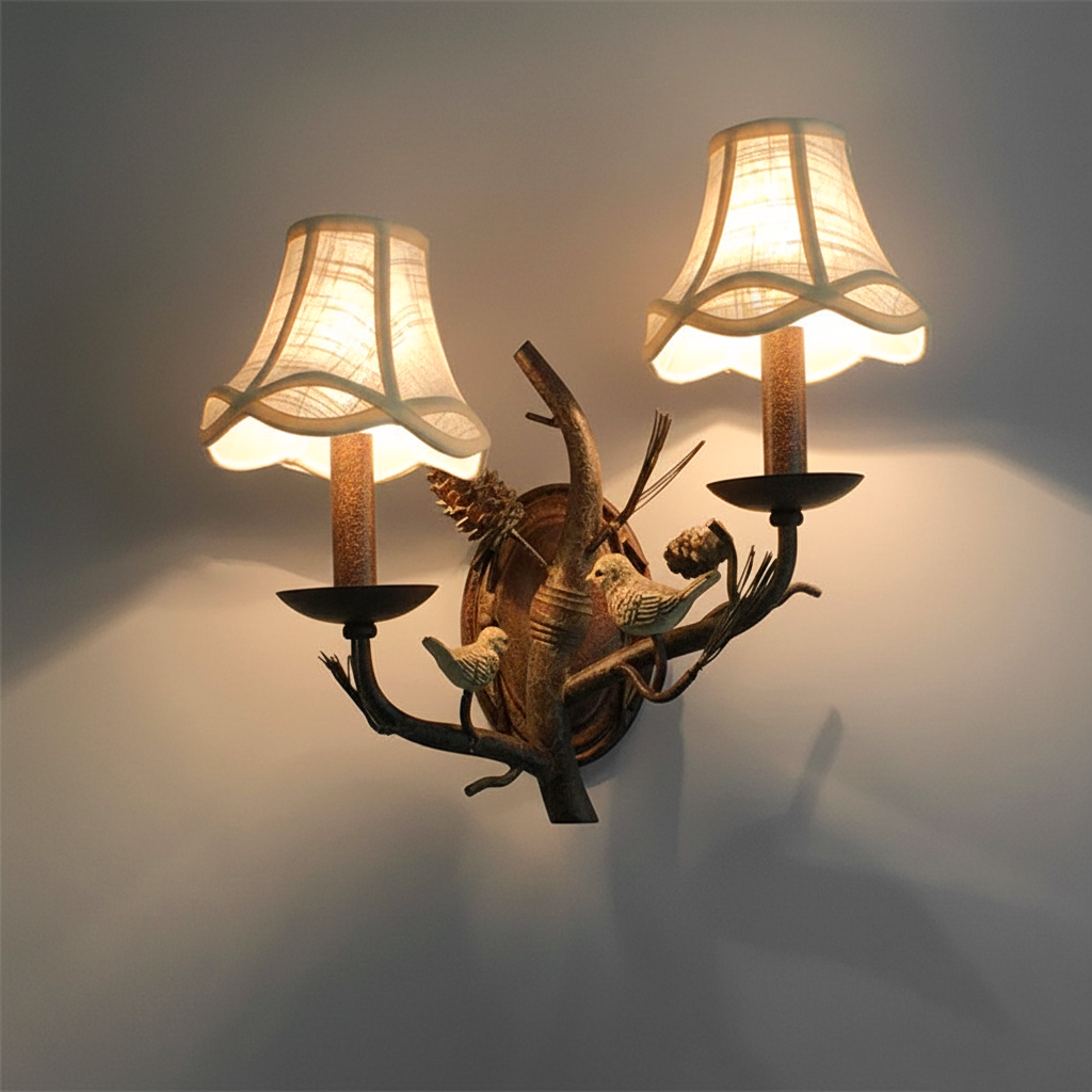 Fabric Bird Pinecone Resin Wall Lamp
