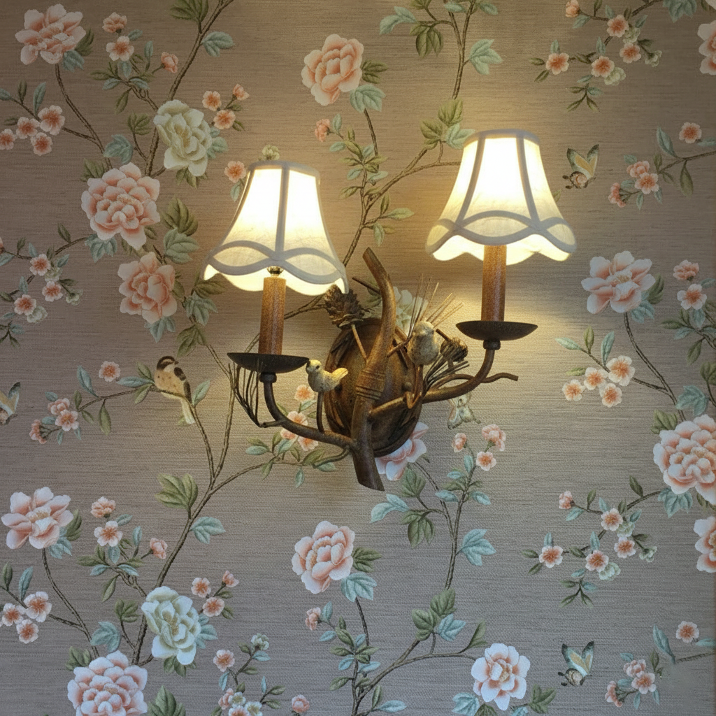 Fabric Bird Pinecone Resin Wall Lamp