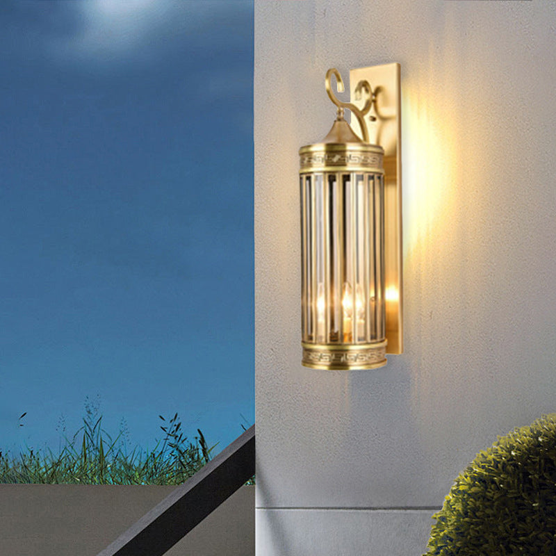 Brass Frame Cylinder Water 3-Light Outdoor Light