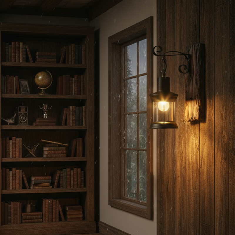 Cylinder Glass Iron Wooden Wall Lamp