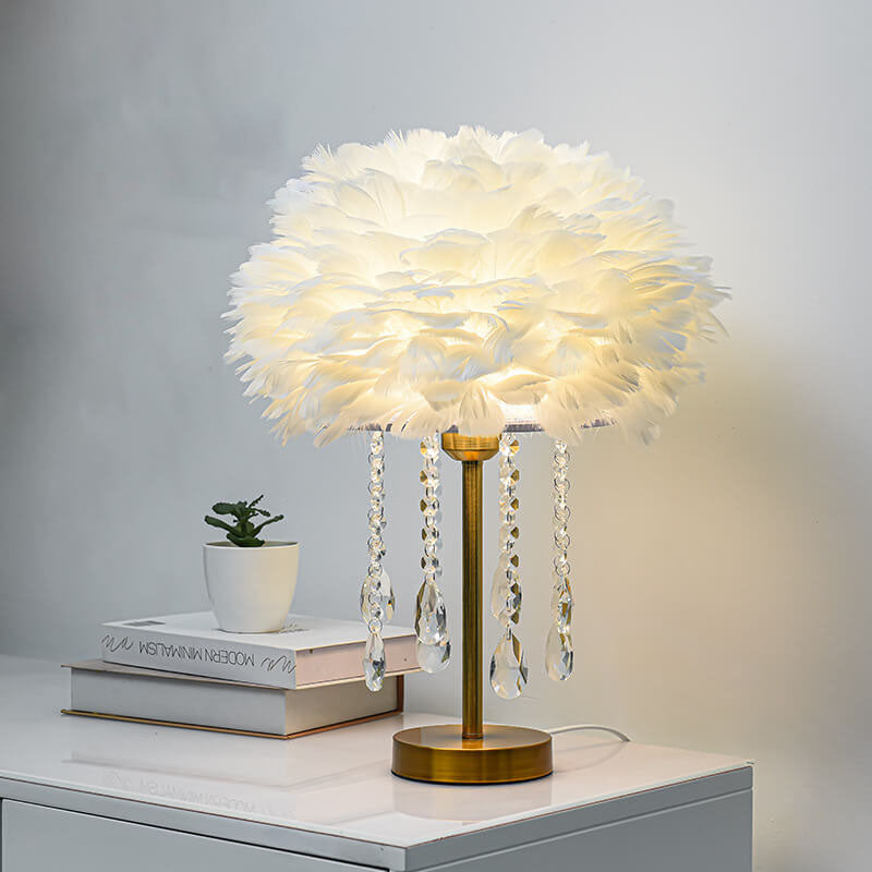 Feather Round Crystal Beads Table Lamp