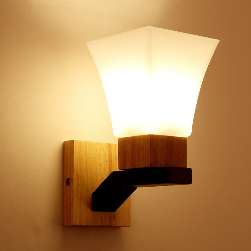 Quadrangular Solid Wood Iron Wall Lamp