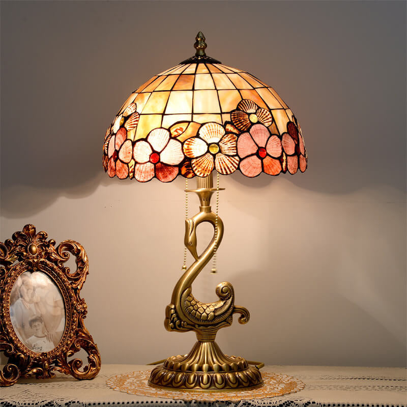 Floral Stained Glass Swan 2-Light Table Lamp